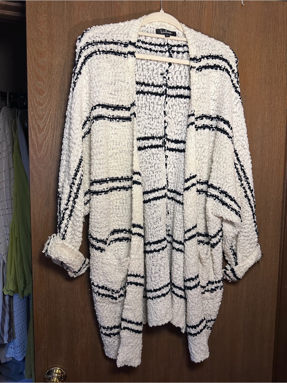 Lulu's Cream Open Knit Cardigan with Black Stripes